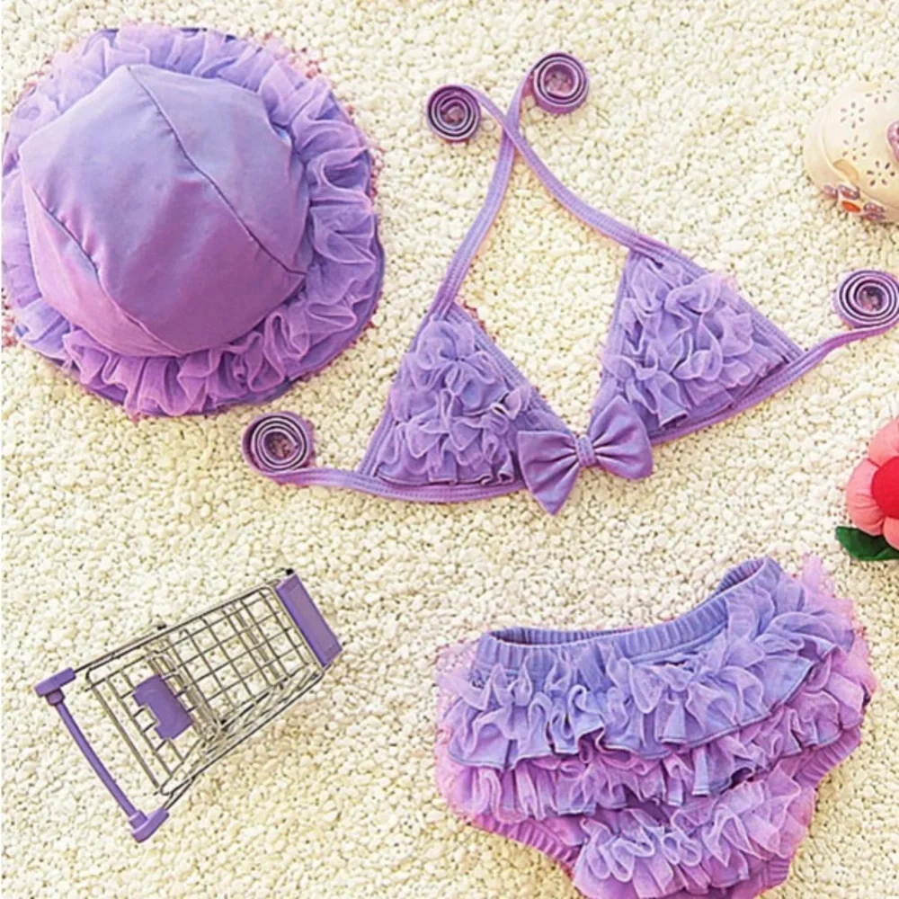 Summer Baby Girl Bikini Swimsuit Set Three-piece Ruffle Swimwear with Hat